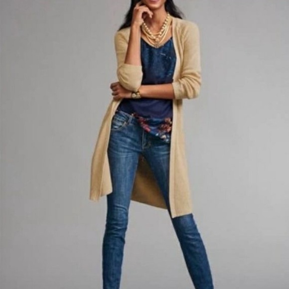 Cabi Tan Cotton Blend Long Knit Cardigan Duster V-Neck Hook Closure Size M - Picture 1 of 9